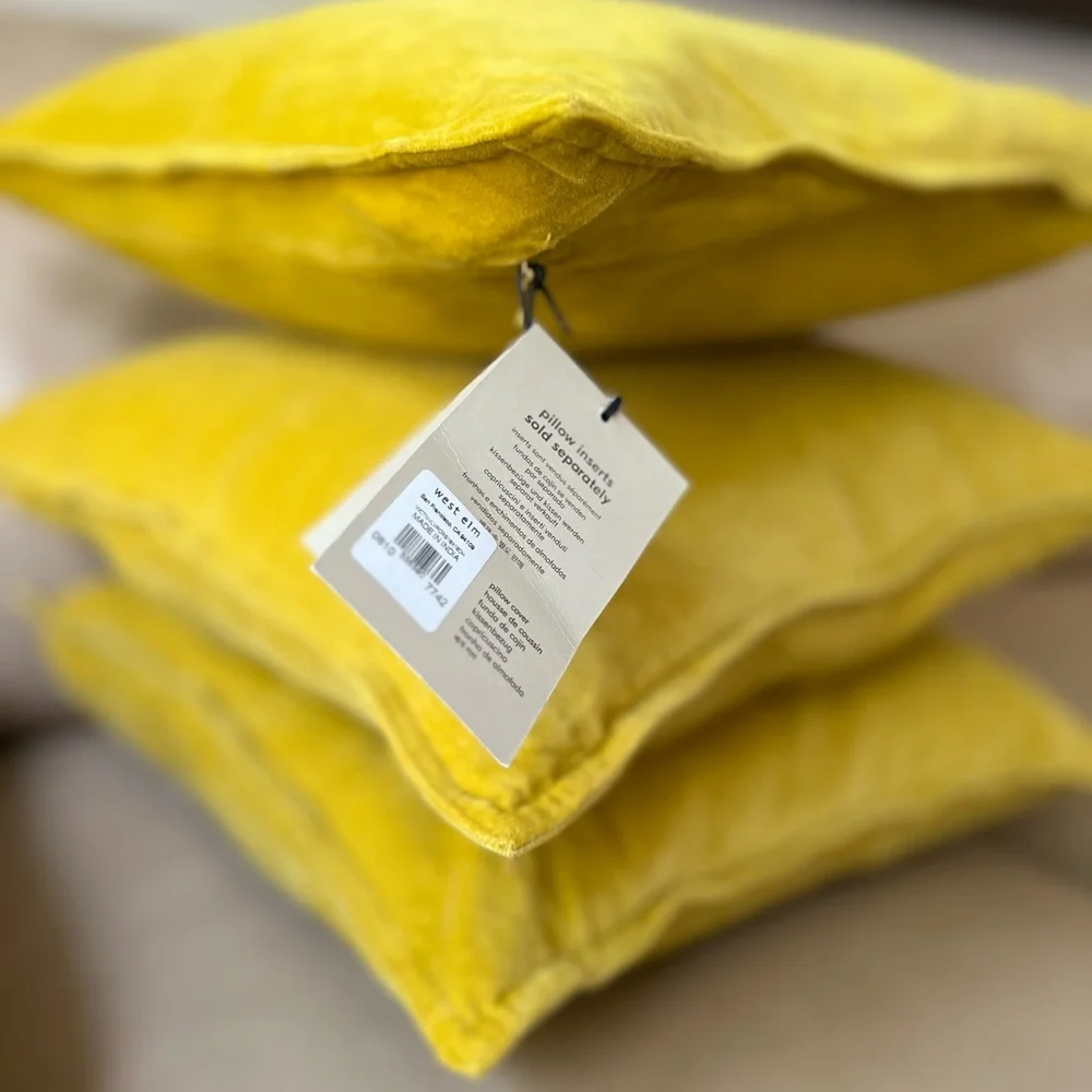West Elm Velvet Washable Throw Pillow Cover Case Gold Yellow 18x18 Boho Chic